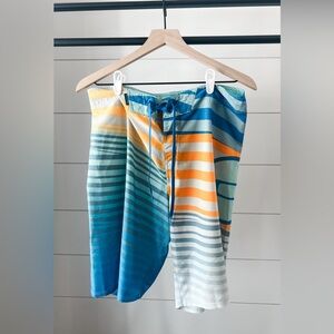 Oakley Blue and Orange Striped Swim Trunks